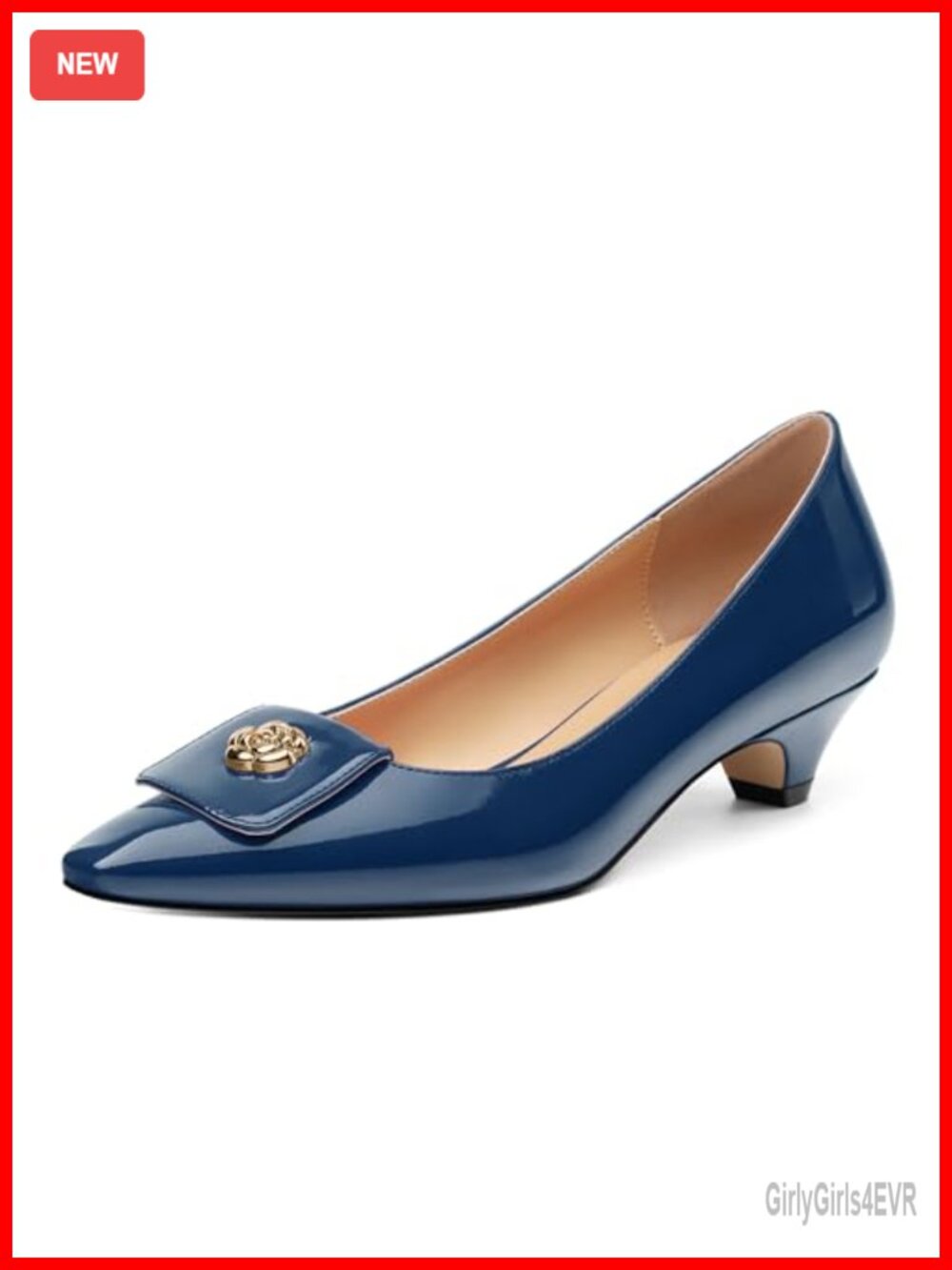 Kitten Heel Pump with Square Toe Cap Pull-On Slingback Patent